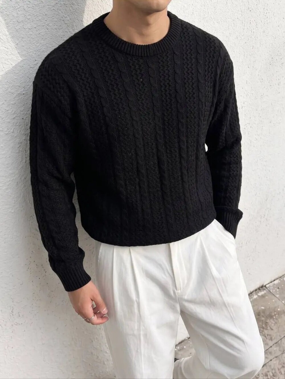 Joseph & Lyman Men's 100% Cashmere Sweater cable-knit Black Crewneck Fisherman